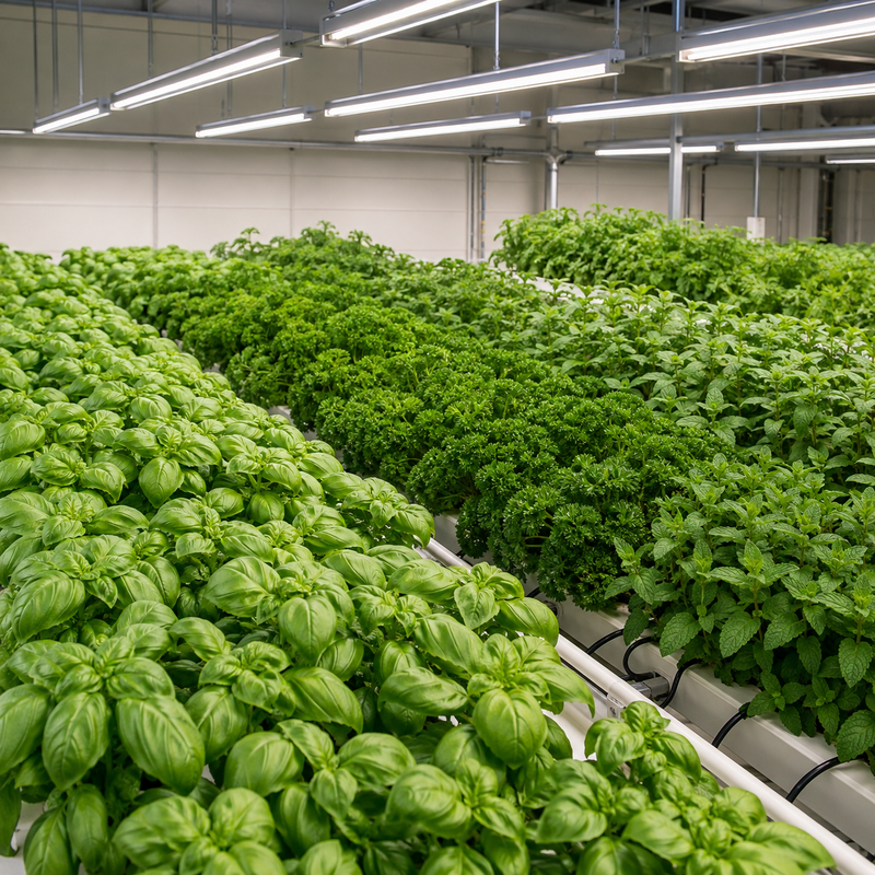 Commercial basil, parsley and mint growing beneath neutral-white LED fixtures in a controlled-environment farm.