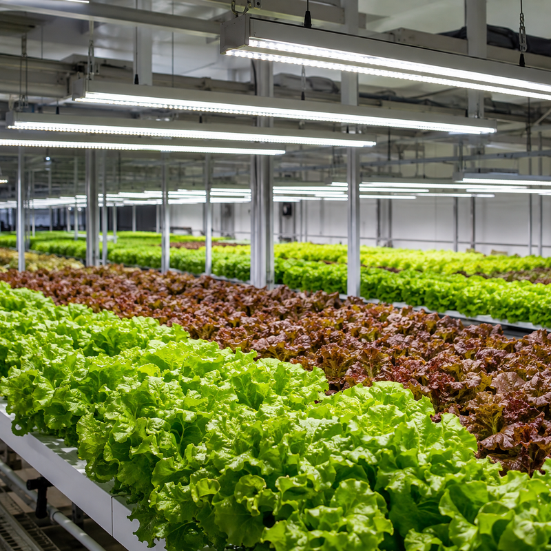 Commercial green and red leaf lettuce growing beneath neutral-white LED fixtures in a controlled-environment facility.