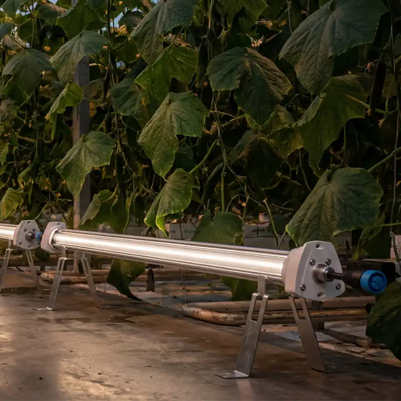 Canopyflux Inter-Canopy LED Grow fixture in a greenhouse setting with plants in the background