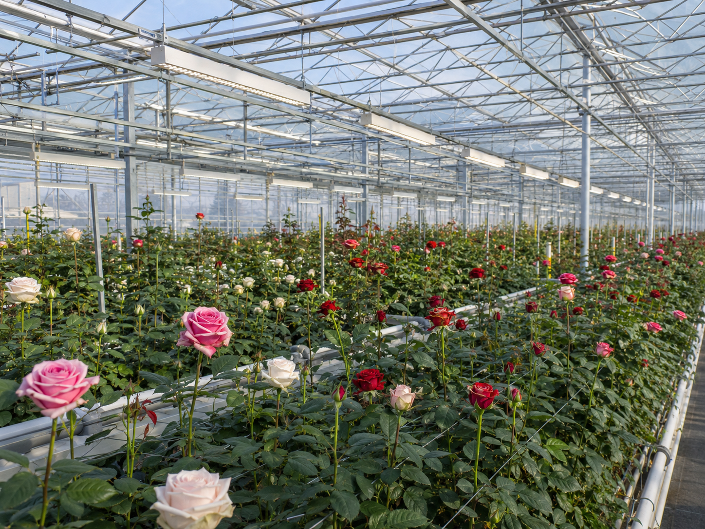 Commercial cut roses receiving natural daylight and supplemental neutral-white LED lighting in a modern greenhouse.