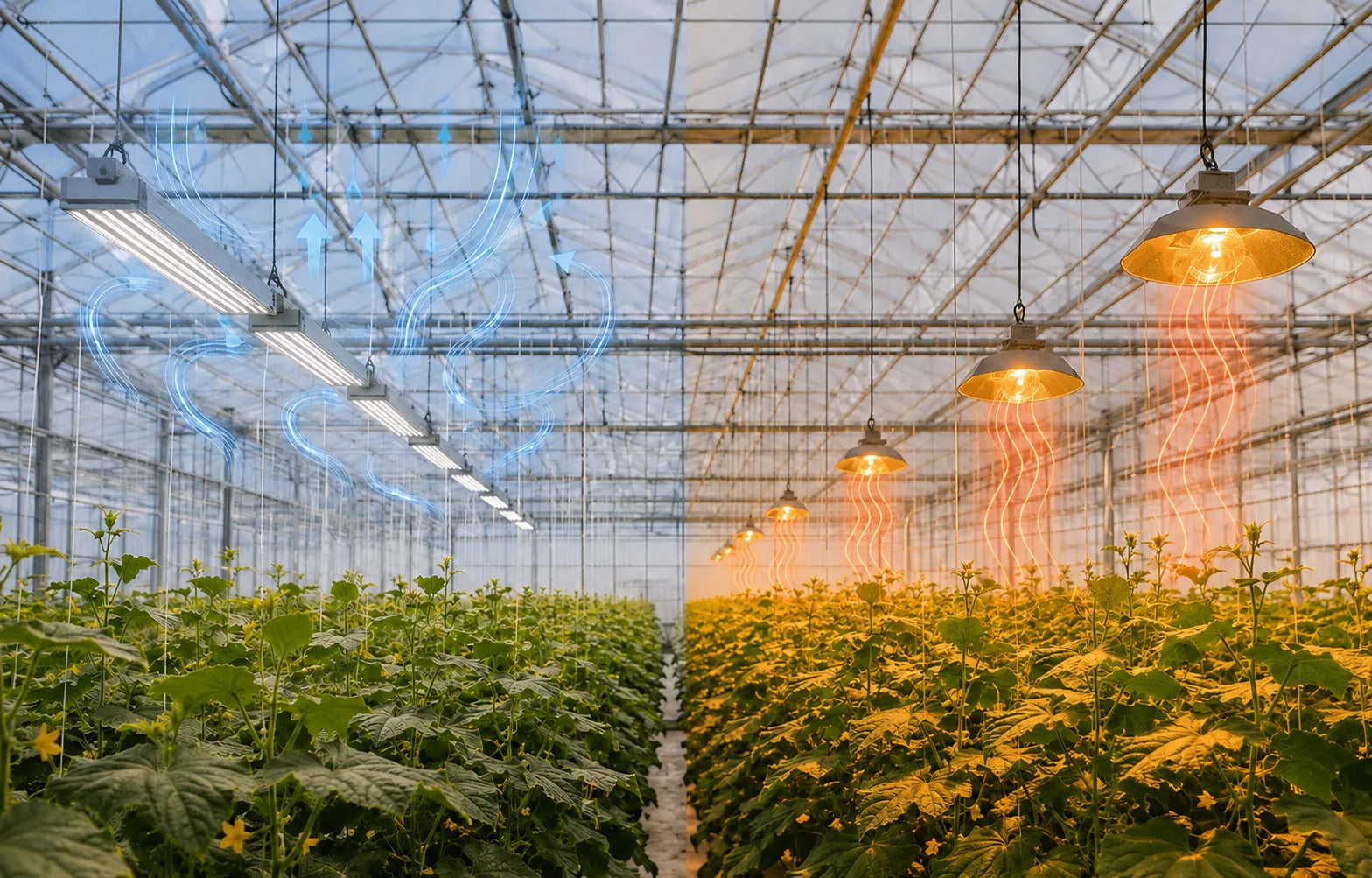 Commercial greenhouse comparison showing heat rising around LED fixtures and stronger radiant heat directed from HPS lamps toward the crop canopy.