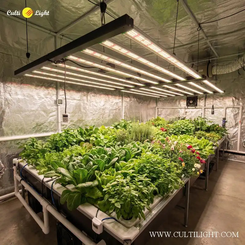 Hyperflux hydroponic indoor farming system illuminated by multi-bar LED grow lights