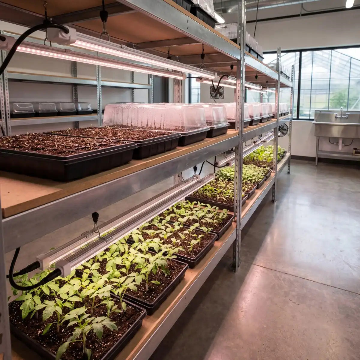Gardening or horticulture setting with seedlings on shelves under SeedFlux Propagation LED lights.