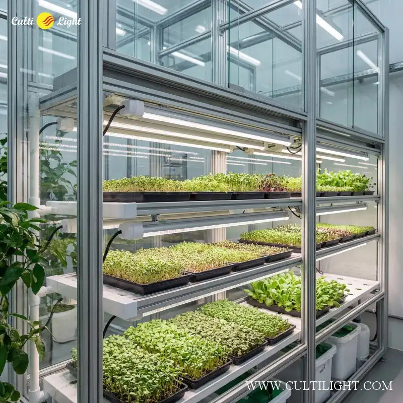 Modern indoor farming setup with plants under SeedFlux LED lights in a controlled environment.