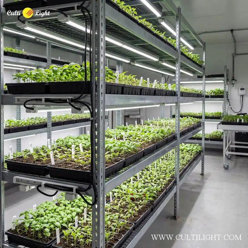 Growing shelves with plants under SeedFlux propagation LED Grow Light controlled environment