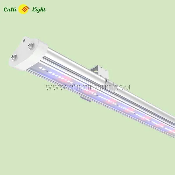 Vertical farm LED light bar with CultiLight branding on a green background