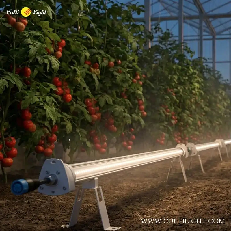 Tomato plants with ripe tomatoes in a greenhouse, featuring a CultiLight Inter-Canopy LED Grow Light system.