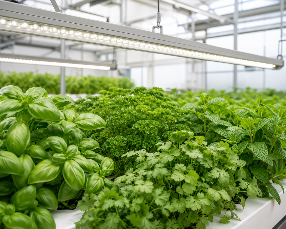 Basil, parsley, coriander and mint growing beneath neutral-white LED fixtures in a commercial greenhouse.