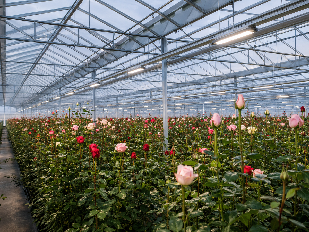 Tall commercial roses receiving seasonal daylight and supplemental neutral-white LED lighting in a modern greenhouse.