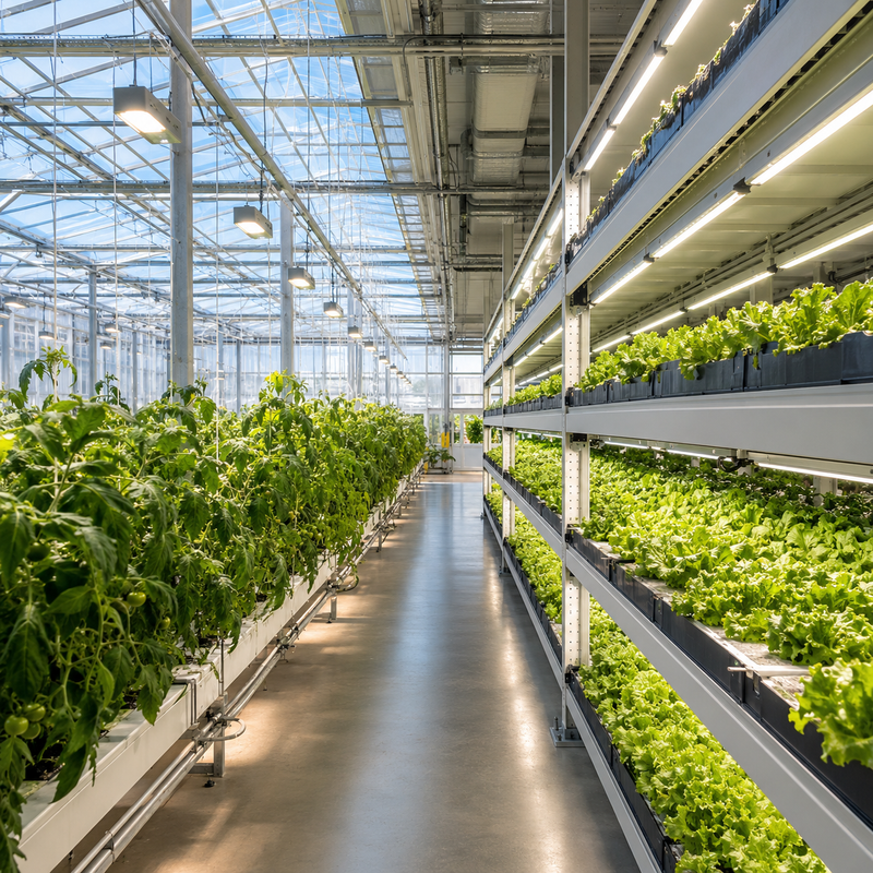 Commercial greenhouse and indoor vertical-farming environments illuminated by horticultural LED systems.