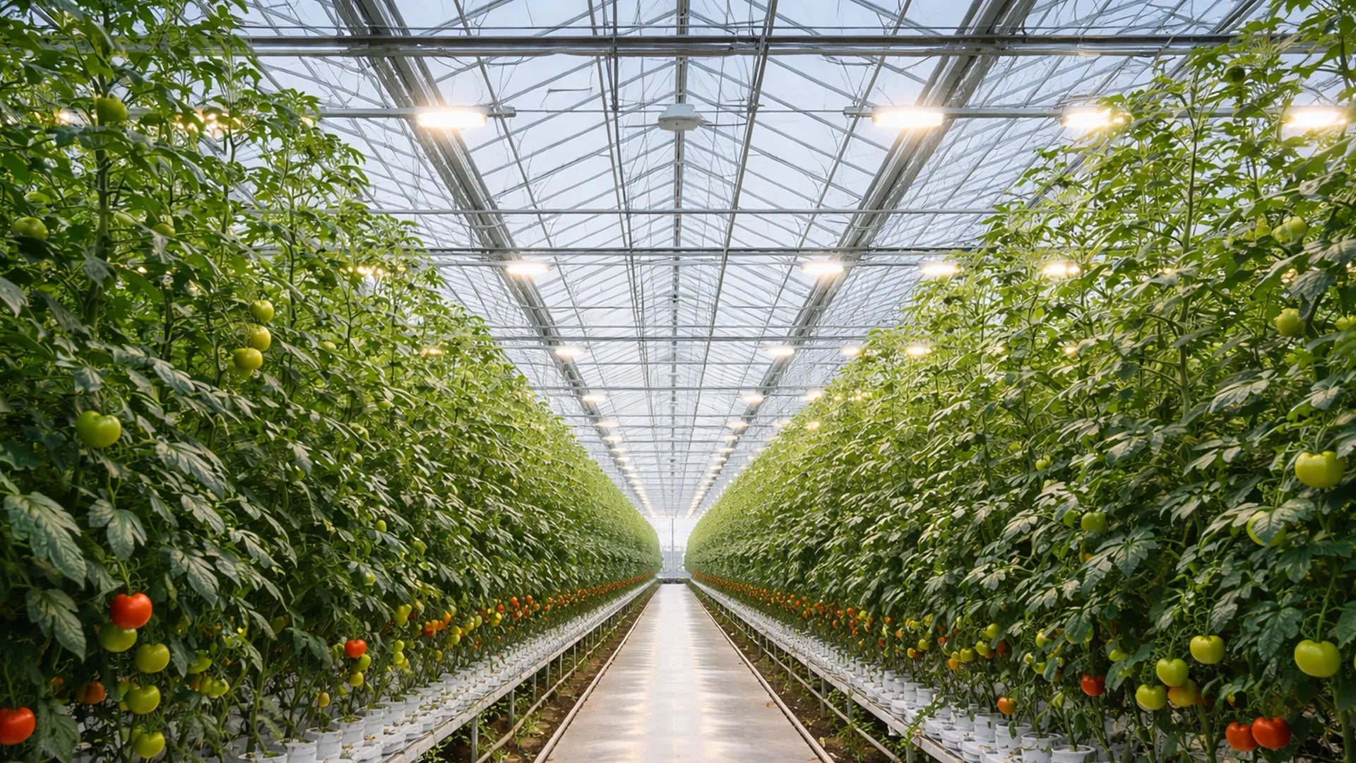 Greenhouse tomato rows with LED top lighting for supplemental crop production