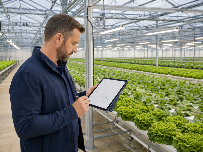 Lighting specialist reviewing greenhouse project information for a horticultural lighting plan.