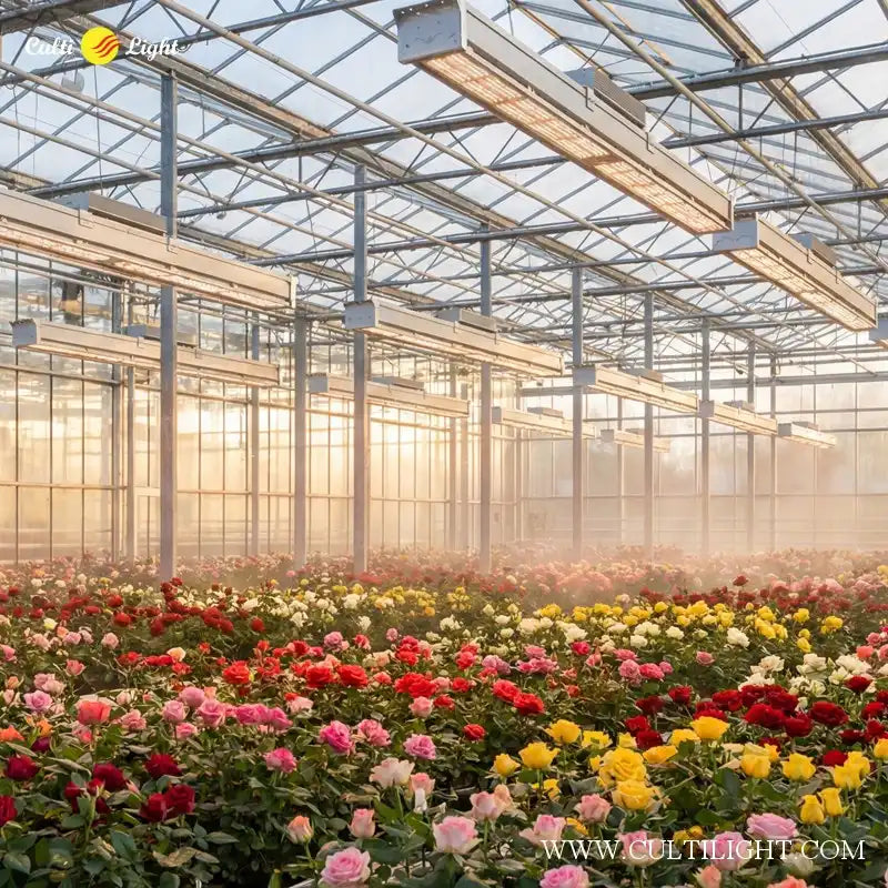 Greenhouse with colorful flowers and CultiLight SkyFlux Led light system