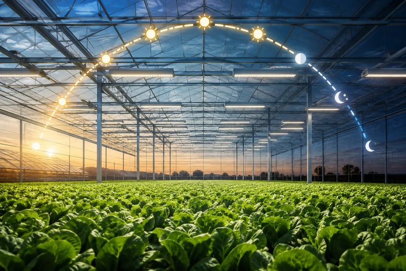 Sun-to-moon light cycle above crops and supplemental LED fixtures in a commercial greenhouse.