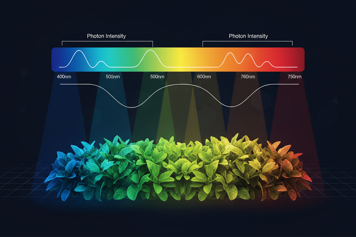 Visible light spectrum illustrated above plants under horticultural lighting | Cultilight