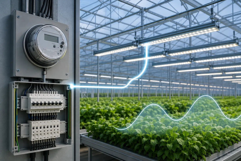 Electrical meter and distribution panel supplying LED grow lights in a commercial greenhouse.