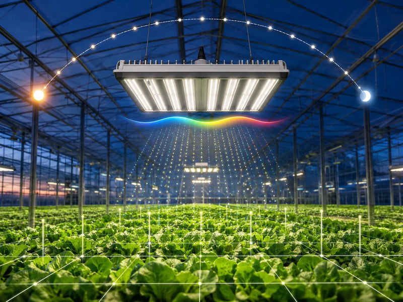 LED grow light delivering photons across a measured crop canopy, with a spectrum band and sun-to-moon light cycle.