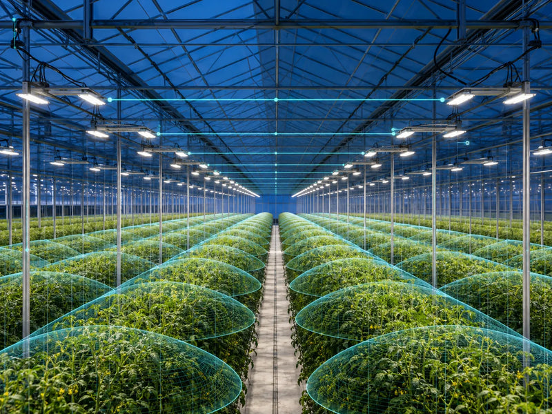Engineered LED fixture layout with overlapping light-coverage zones above crop rows in a commercial greenhouse.