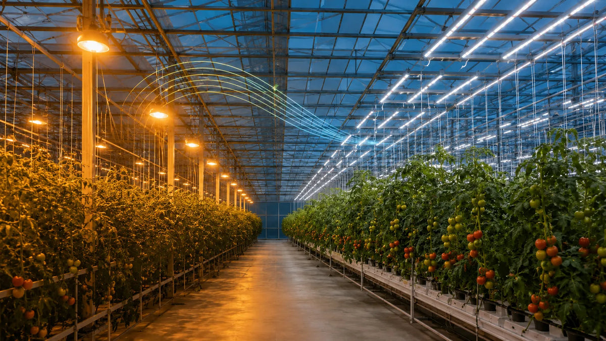 Commercial tomato greenhouse comparing warm HPS lighting with modern LED grow lights for energy-cost evaluation.