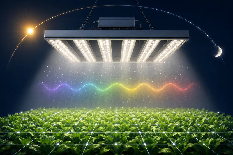 LED grow light above a measured crop canopy with photon particles, a visible-light spectrum and a sun-to-moon arc.