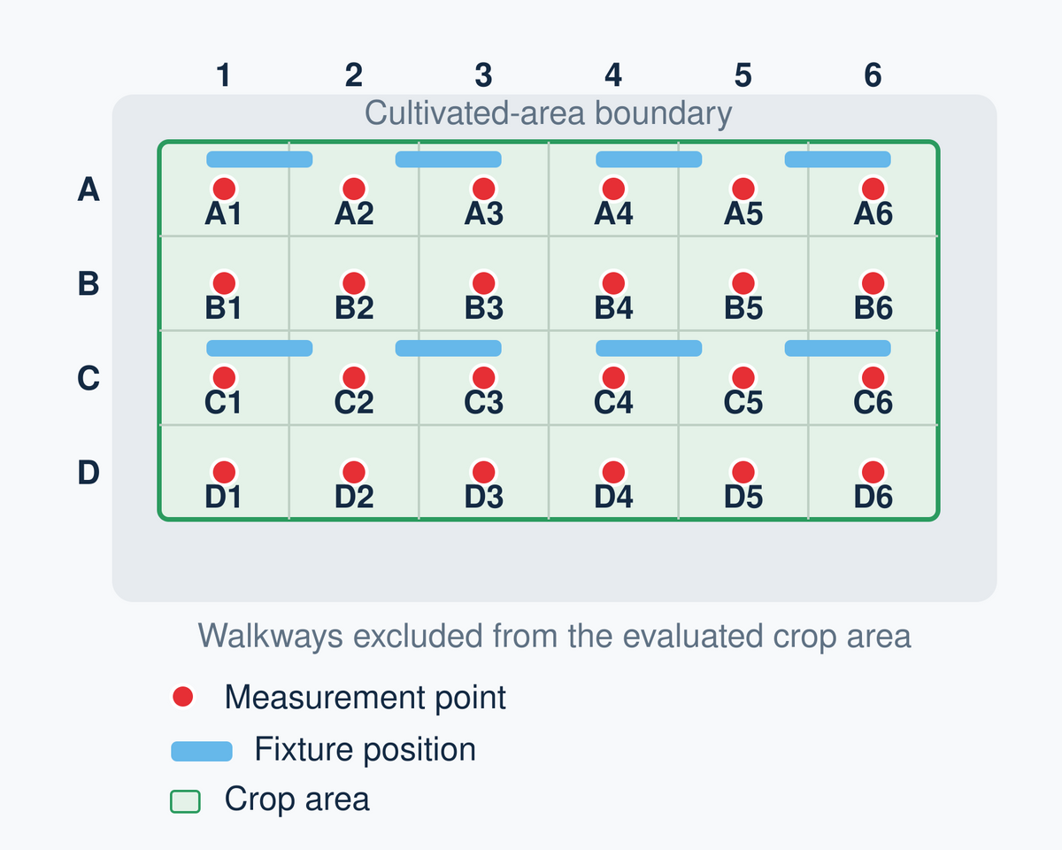 Overhead PPFD measurement grid showing fixture positions and 24 canopy-level measurement points across a cultivated area.