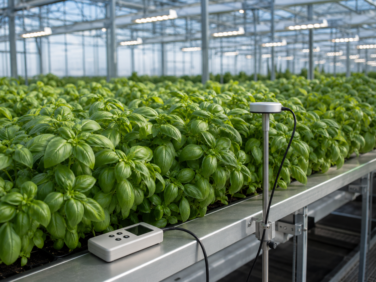 Level quantum sensor measuring PPFD at basil canopy height in a commercial LED-lit greenhouse.