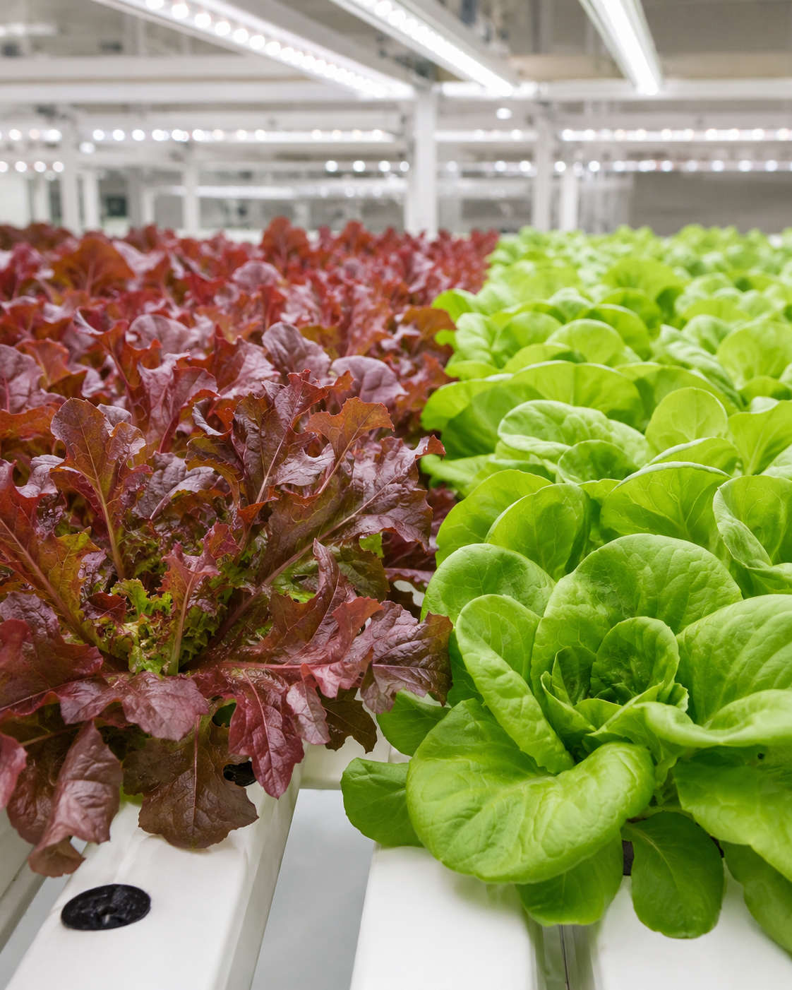Red- and green-leaf lettuce growing hydroponically beneath neutral-white LED lighting in a commercial indoor facility.