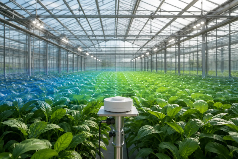Canopy-level quantum sensor measuring daylight and supplemental LED light across a commercial greenhouse crop.