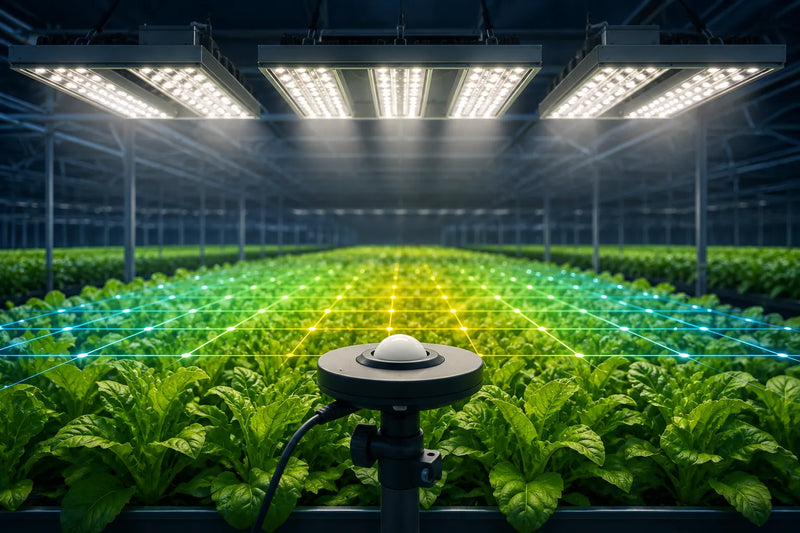 Quantum sensor measuring PPFD across a crop-canopy grid beneath LED grow lights in a commercial growing facility.