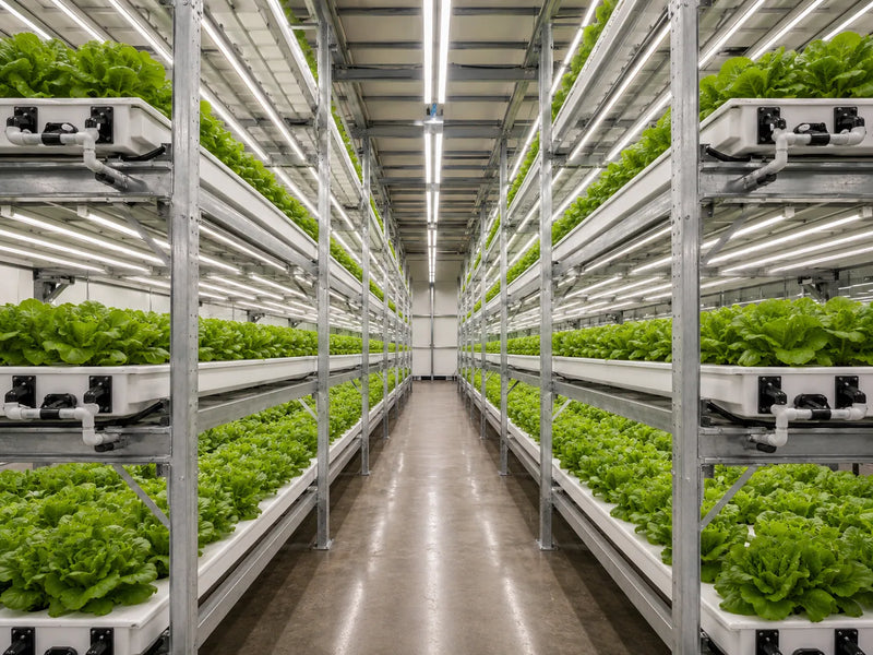 Commercial vertical farm with multi-level hydroponic racks growing butterhead lettuce beneath neutral-white LED lighting.
